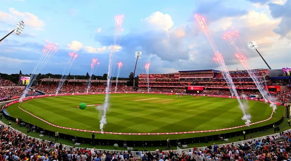 Edgbaston Cricket Ground at dusk with fireworks over the outfield